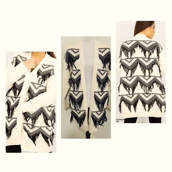 Mango Casual Textured Long Sleeve Cardigan Aztec Yarn Fringe All Over XXS/XS - Picture 1 of 7
